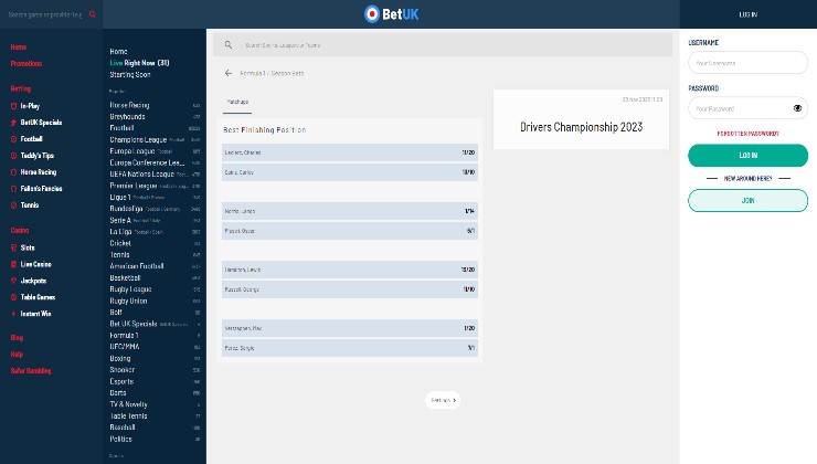 BetUK F1 betting page