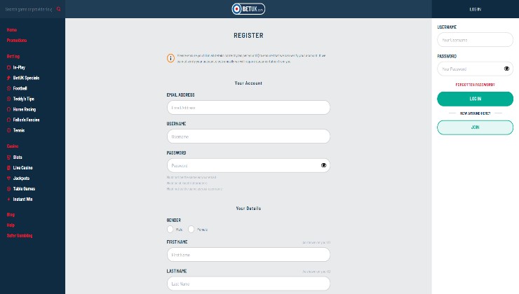 Signing up for a sportsbook account at BetUK