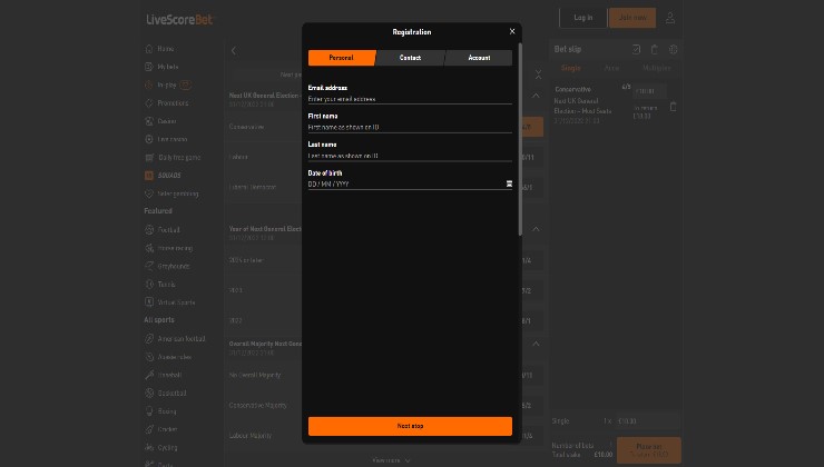 Signing up for an account at LiveScoreBet