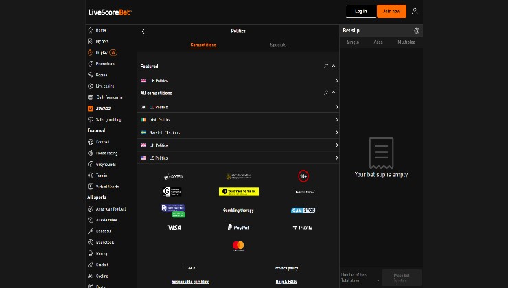 LiveScoreBet sportsbook political betting