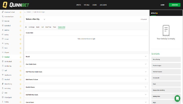Creating a bet at Quinnbet