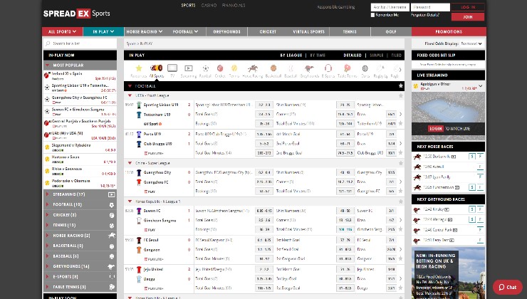 The Spreadex site and its live betting section