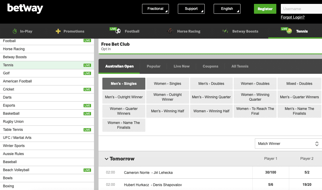 Betway - tennis betting site