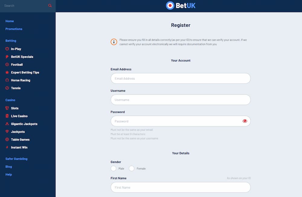 BetUK review - sign up